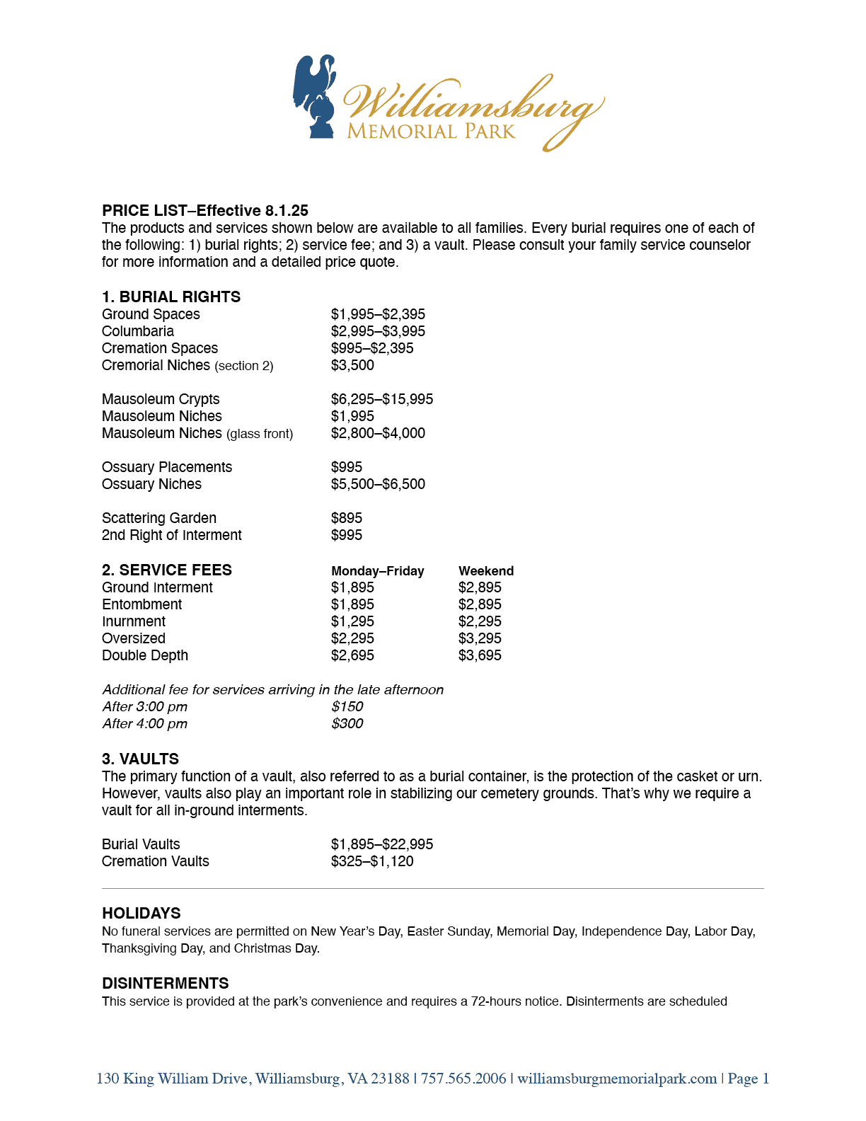Williamsburg Memorial Park 2025 Price List